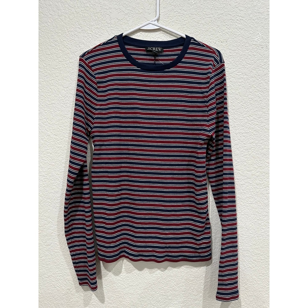J.Crew Womens Ribbed Striped Long Sleeve T-Shirt Navy Burgundy White Size L